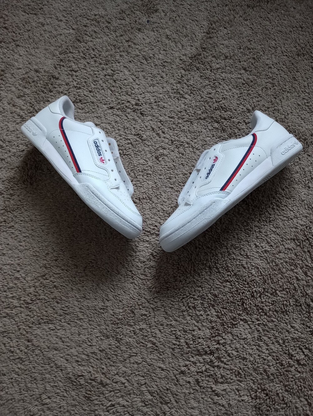 Boy's Adidas White Sneakers with Red & Navy Stripe - Size 6.5